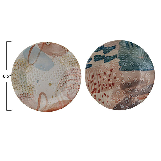 Printed Stoneware Plate w/ Abstract Design, Multi Color, 2 Styles