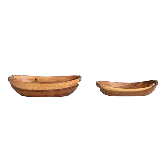 Acacia Wood Bowls w/ Rattan Wrapped Handles, Natural