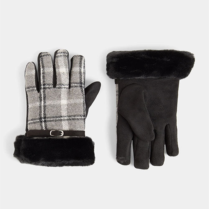 Belted Fur Cuff Plaid Touchscreen Gloves
