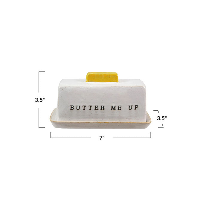 Stoneware Butter Dish w/ Debossed "Butter Me Up", Reactive Glaze (Each One Will Vary)