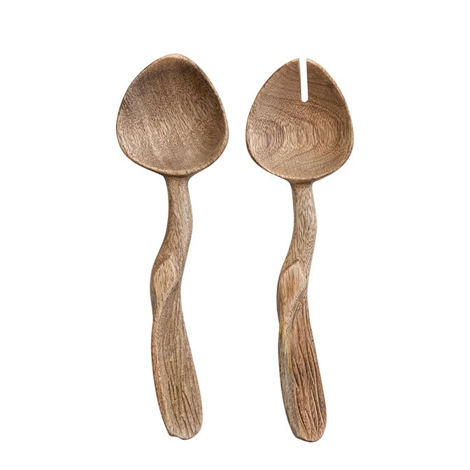 Carved Mango Wood Salad Servers, Natural, Set of 2
