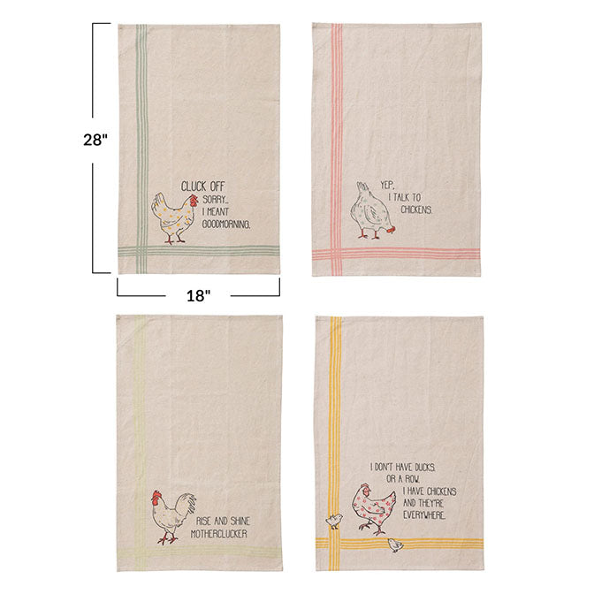 Cotton & Linen Printed Tea Towel w/ Chicken & Saying, 4 Styles