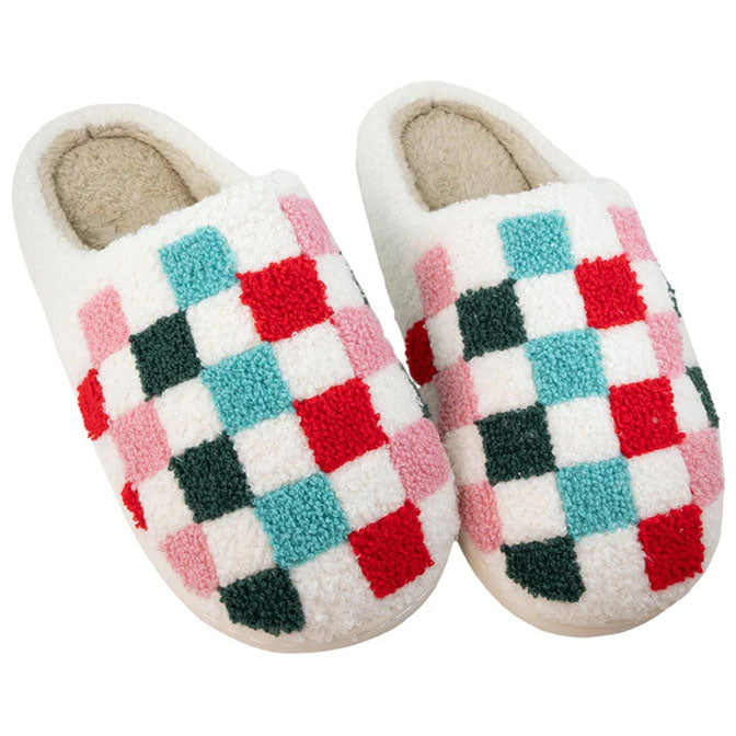 Christmas Multicolored Checkered Sherpa Slippers