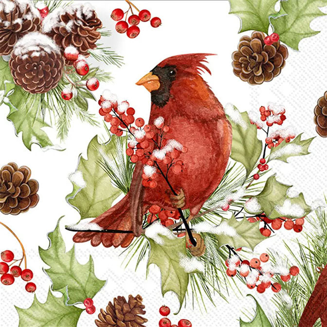 Paper Cocktail Napkins Cardinals in Holly Christmas