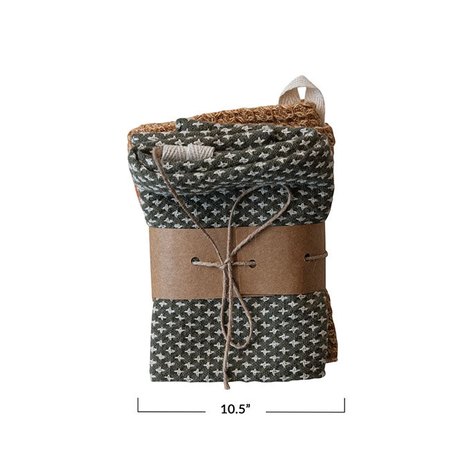 Cotton Dobby Dish Cloths, Set of 3 Bundled w/ Kraft Paper & Jute Tie