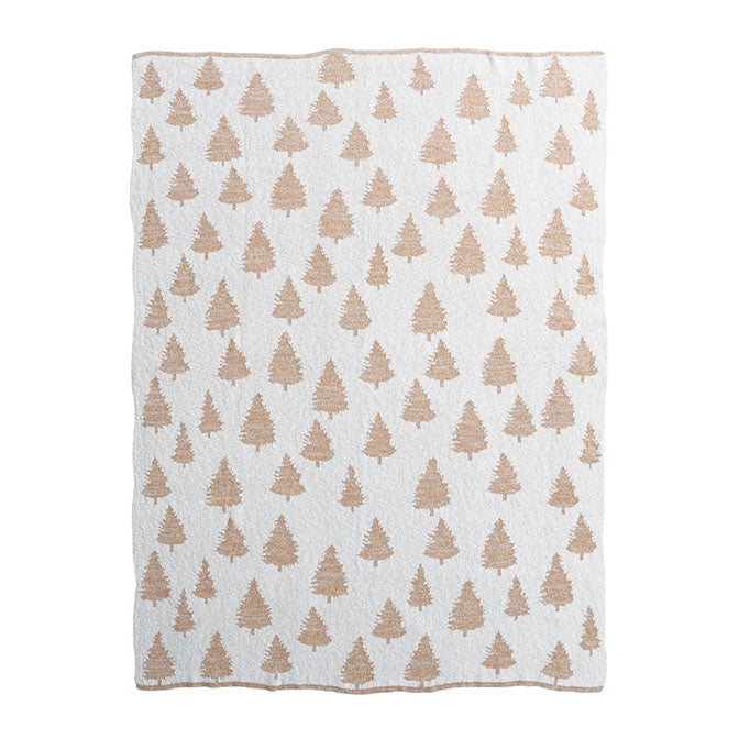 Cotton Knit Throw with Trees & Metallic Gold Thread, Cream Color ...