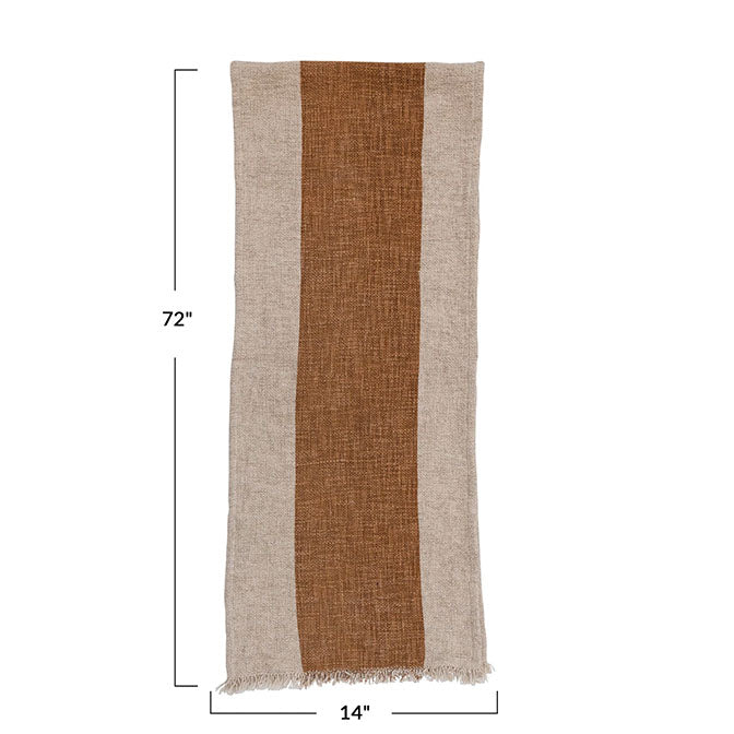 72"L x 14"W Cotton & Linen Table Runner w/ Stripe & Fringe, Natural & Brown