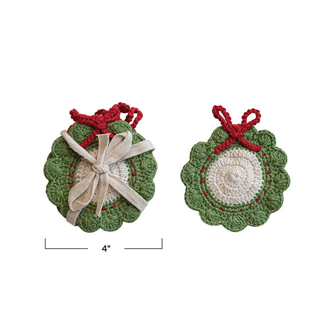 Cotton Crocheted Wreath Shaped Coasters, Green, Red & White, Set of 4