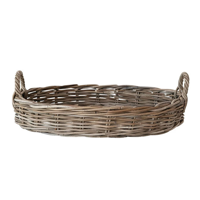 Decorative Hand-Woven Rattan Tray with Handles, Grey Washed