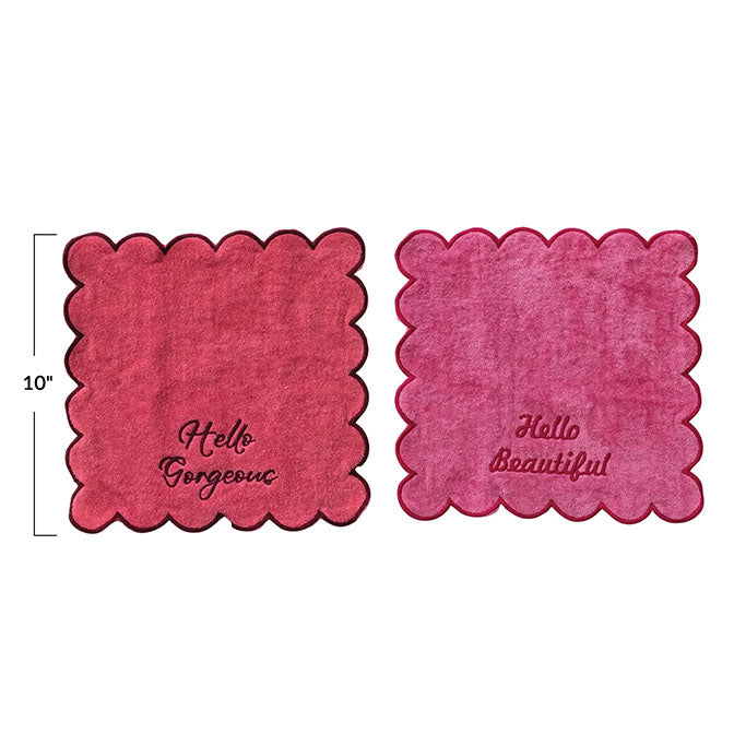 Cotton Terry Wash Cloths w/ Embroidered Saying & Scalloped Edge, Set of 2