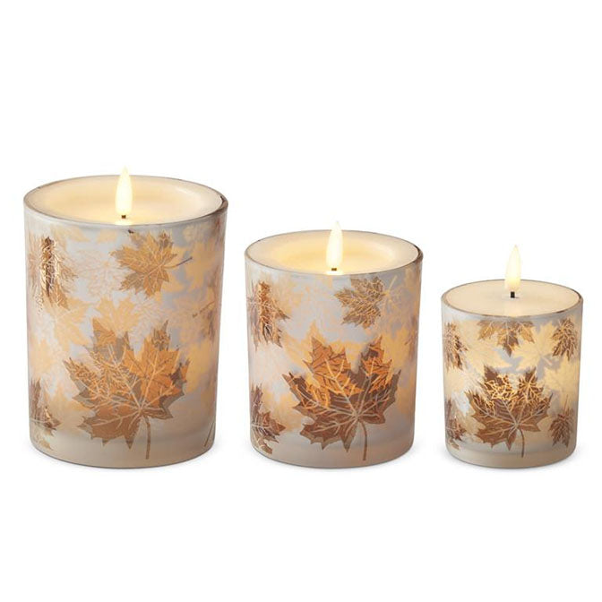 Frosted Leaf Glass Container LED Candles w/Timers