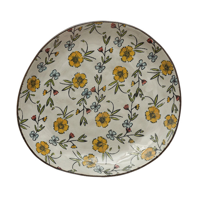 Hand-Painted Stoneware Plate with Floral Pattern
