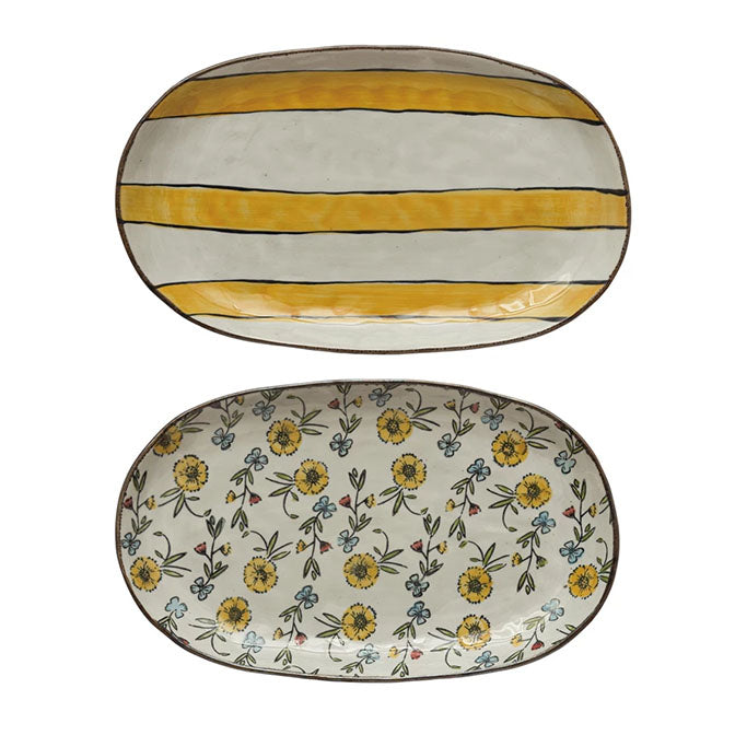 Hand-Painted Stoneware Platter with Floral/Striped Pattern