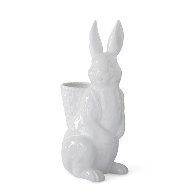 16 Inch Glazed White Ceramic Easter Bunny w/Backpack Basket