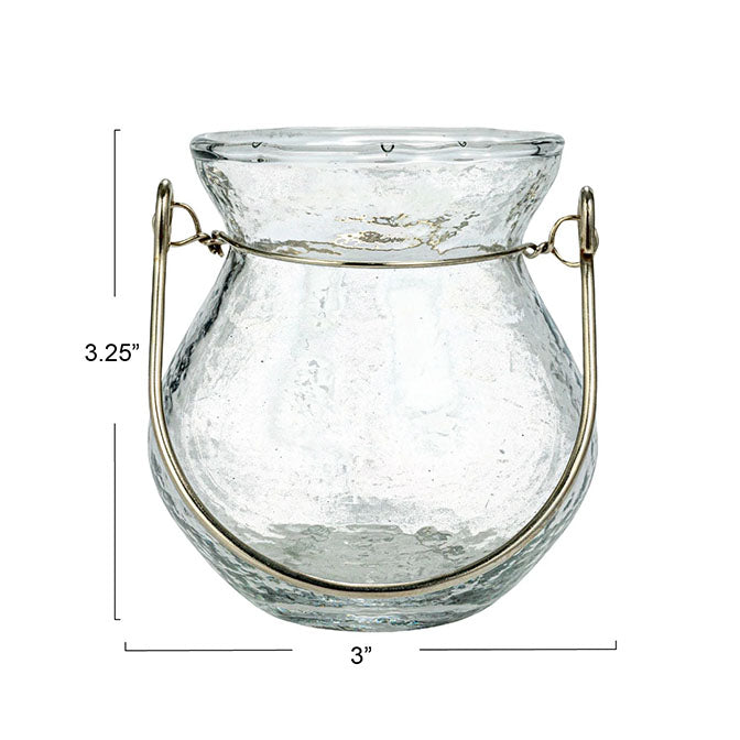 Hammered Recycled Glass Tealight Holder w/ Metal Handle