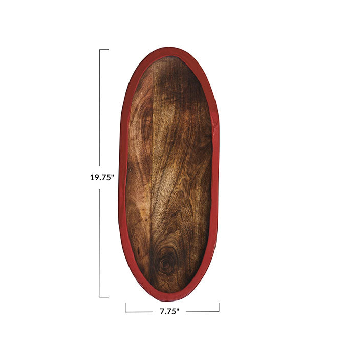 Hand-Carved Mango Wood Tray w/ Enameled Edge, Walnut Finish, Red