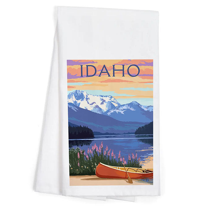 Organic Tea Towel Idaho Lake Scene and Canoe