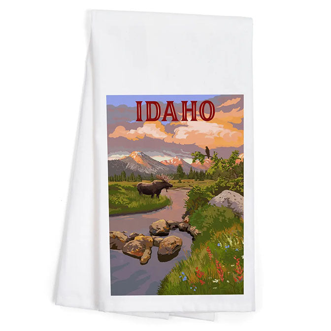 Organic Tea Towel Idaho Moose & Mountain at Sunset