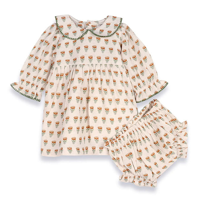 Ina Block Print Floral Baby Dress & Bloomer Set (Linen) Roost Gift & Home Collection Ina Block Print Floral Baby Dress & Bloomer Set (Linen) Roost Gift & Home Collection