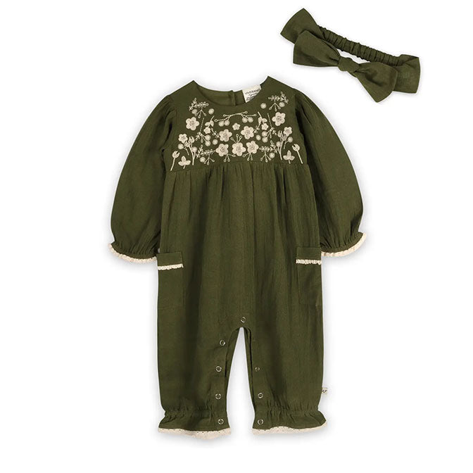 Juniper Embroidered Baby Jumpsuit & Headband -Linen Blend
