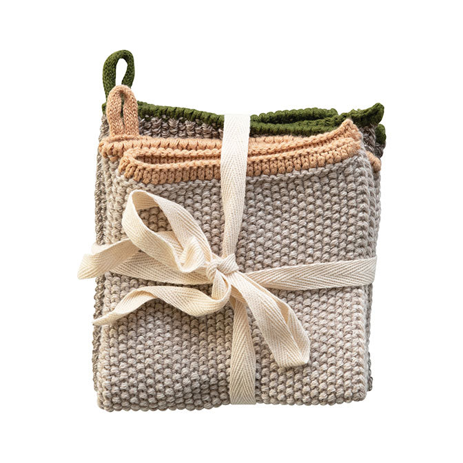 Knit Dish Cloths with Loop, 2 Colors, Set of 2