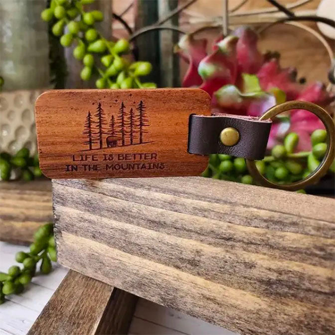 "Life is Better in the Mountains" Wood & Leather Keychain