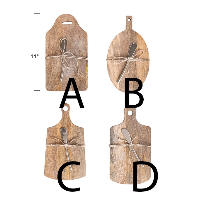 Mango Wood Cheese/Cutting Board w/ Handle & Canape Knife, 4 Styles, Set of 2