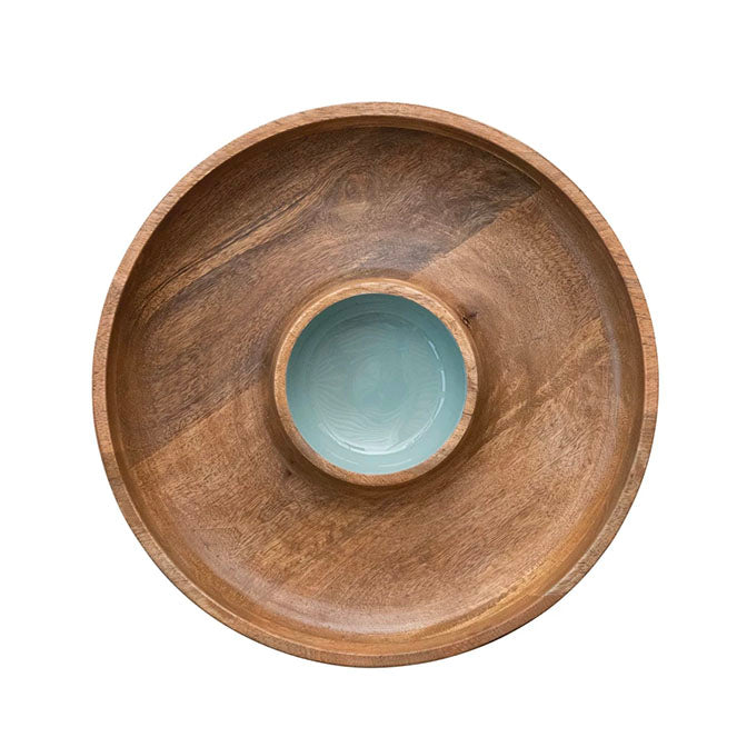 Mango Wood Lazy Susan Server w/ 2 Sections & Enameled Center, Natural & Blue
