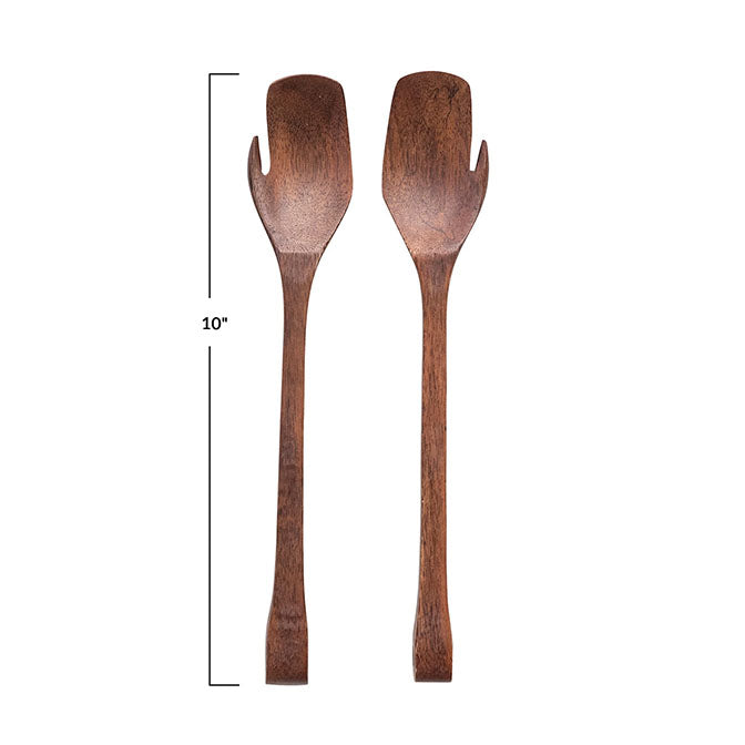 10"L Mango Wood Salad Servers, Walnut Finish, Set of 2