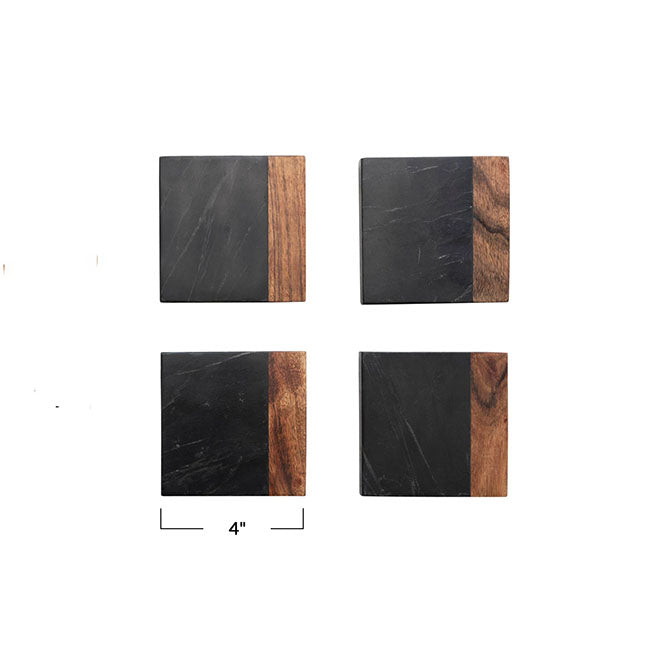 Marble & Acacia Wood Coasters, Black & Natural Set of 4