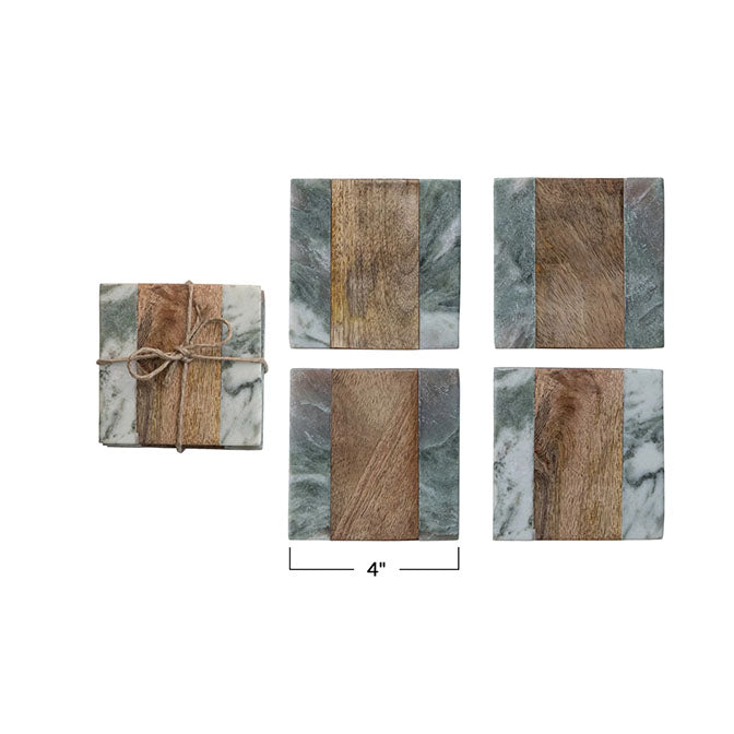 Marble & Wood Coasters, Set of 4 Tied with Jute (Each One Will Vary)
