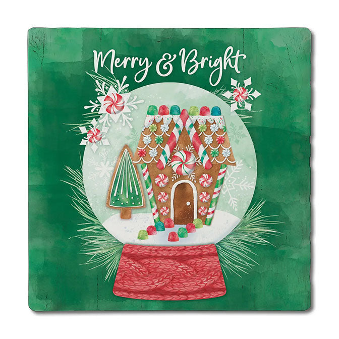 Merry and Bright Snowglobe Stone Coaster