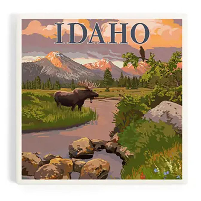 Idaho Moose and Mountain Sunset Ceramic Coaster
