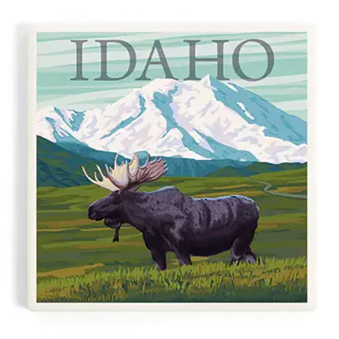 Idaho Moose and Snowy Mountain Ceramic Coaster
