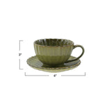 10 oz. Stoneware Ribbed Mug w/ Saucer, Reactive Glaze, Set of 2 (Each One Will Vary)