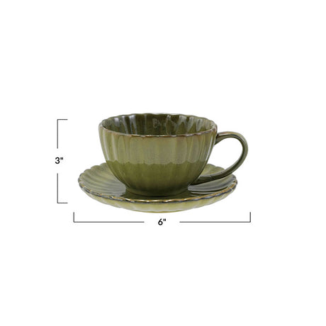 10 oz. Stoneware Ribbed Mug w/ Saucer, Reactive Glaze, Set of 2 (Each One Will Vary)