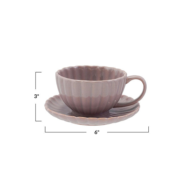 10 oz. Stoneware Ribbed Mug w/ Saucer, Reactive Glaze, Set of 2 (Each One Will Vary)