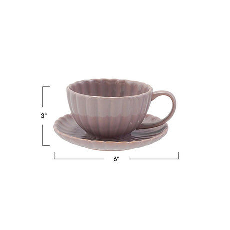 10 oz. Stoneware Ribbed Mug w/ Saucer, Reactive Glaze, Set of 2 (Each One Will Vary)