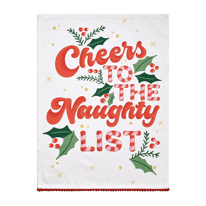 Naughty List W/Pom Poms Kitchen Towel