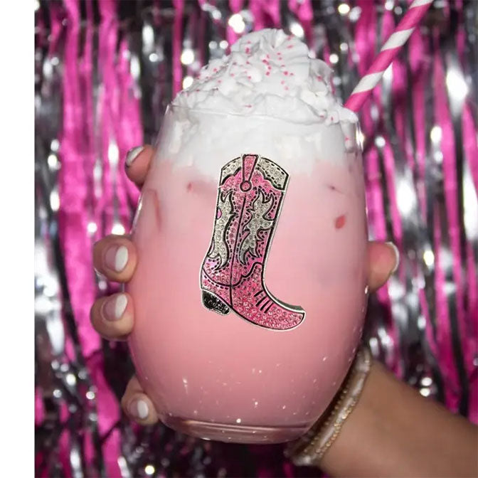 Pink Cowboy Boot Jeweled Stemless Wine Glass