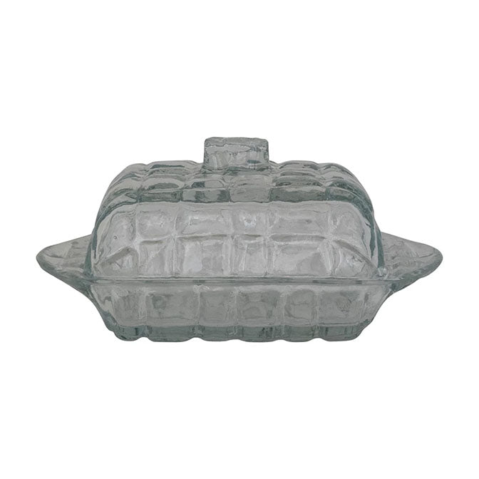 6-3/4"L x 4"W x 3"H Pressed Glass Butter Dish with Grid Pattern