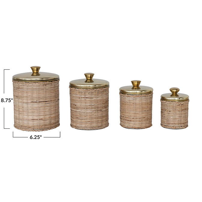 Rattan Wrapped Stainless Steel Canisters, Brass Finish