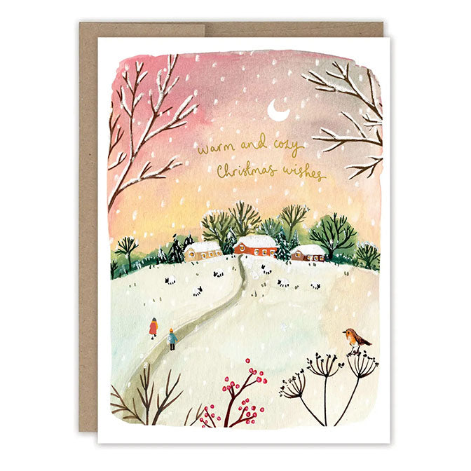 Red Sky Cozy Christmas Landscape Holiday Card