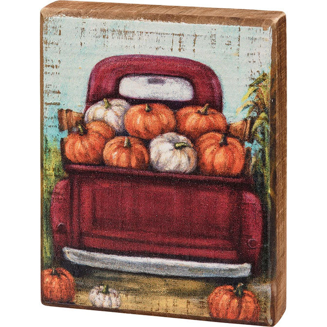 Red Truck and Pumpkins Block Sign