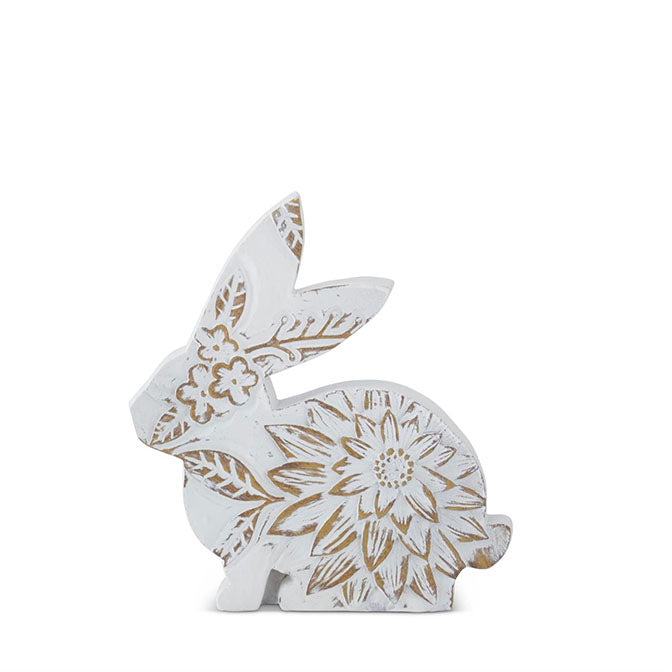 6.5 Inch Resin Sitting Whitewashed Floral Carved Resin Bunny