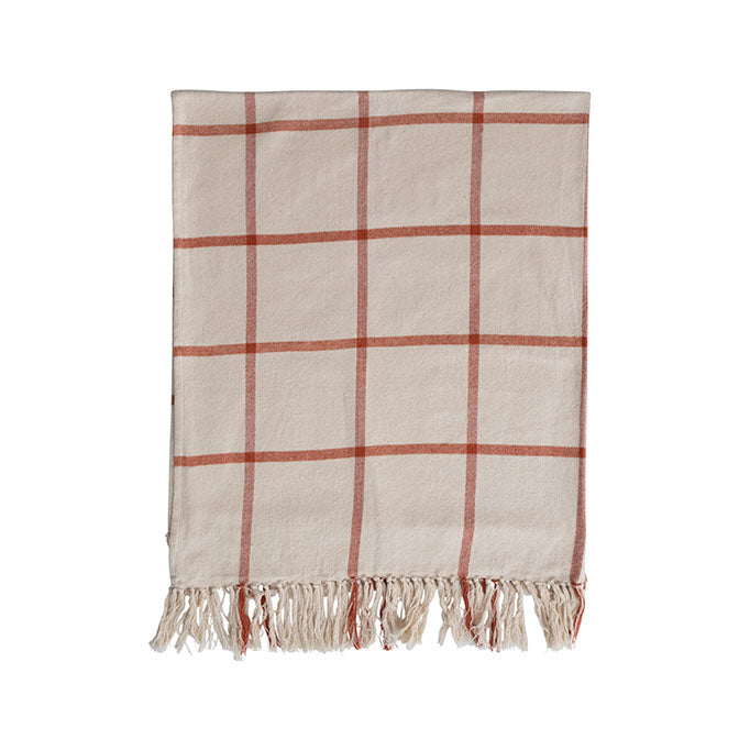 60"L x 50"W Cotton Flannel Throw with Grid Pattern and Fringe, Cream and Rust Color