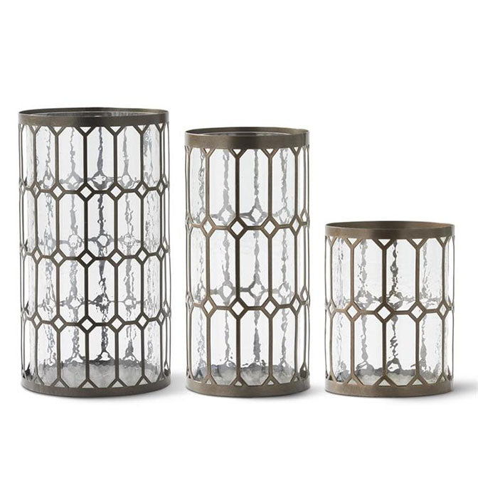 Dark Metal Windowpane Hurricanes w/Textured Glass Insert