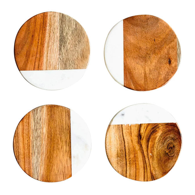 Marble and Mango Wood Coasters, Set of 4