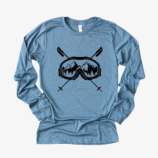Skier Skiing Ski Goggles Graphic Long Sleeve Tee- Slate