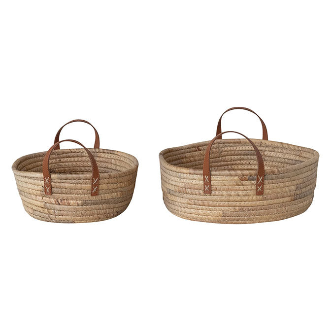 Hand-Woven Seagrass & Water Hyacinth Baskets with Faux Leather Handles, Natural